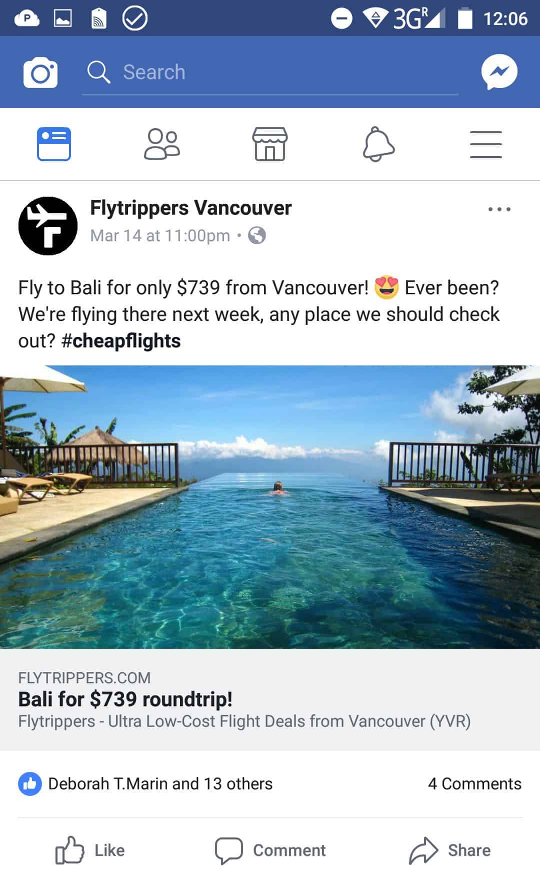 Flytrippers deal in Facebook news feed
