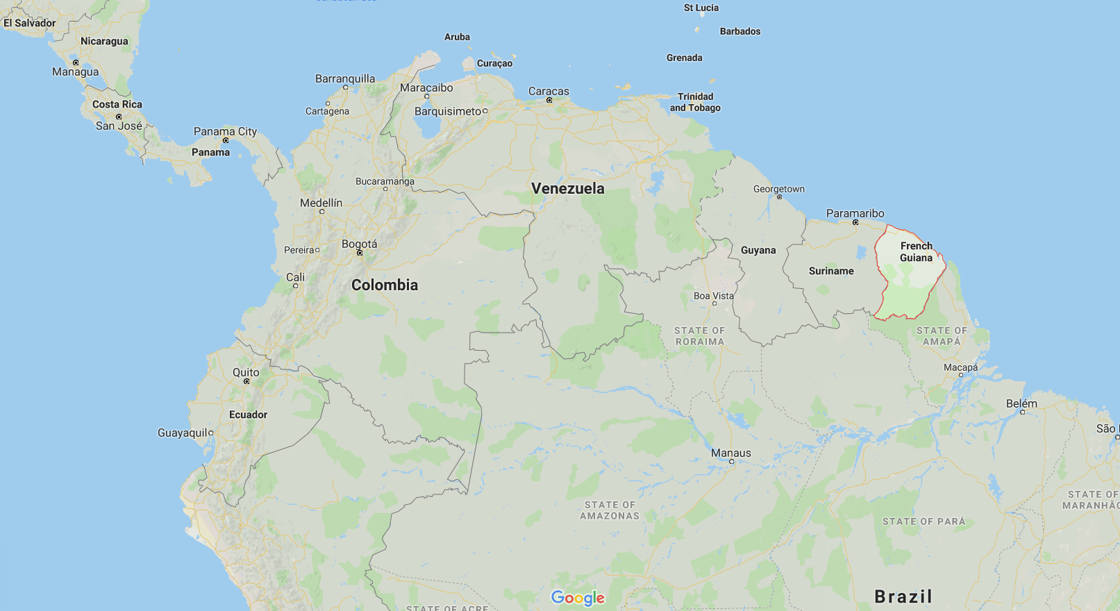 Map of the border area between Brazil and French Guiana. (Map data