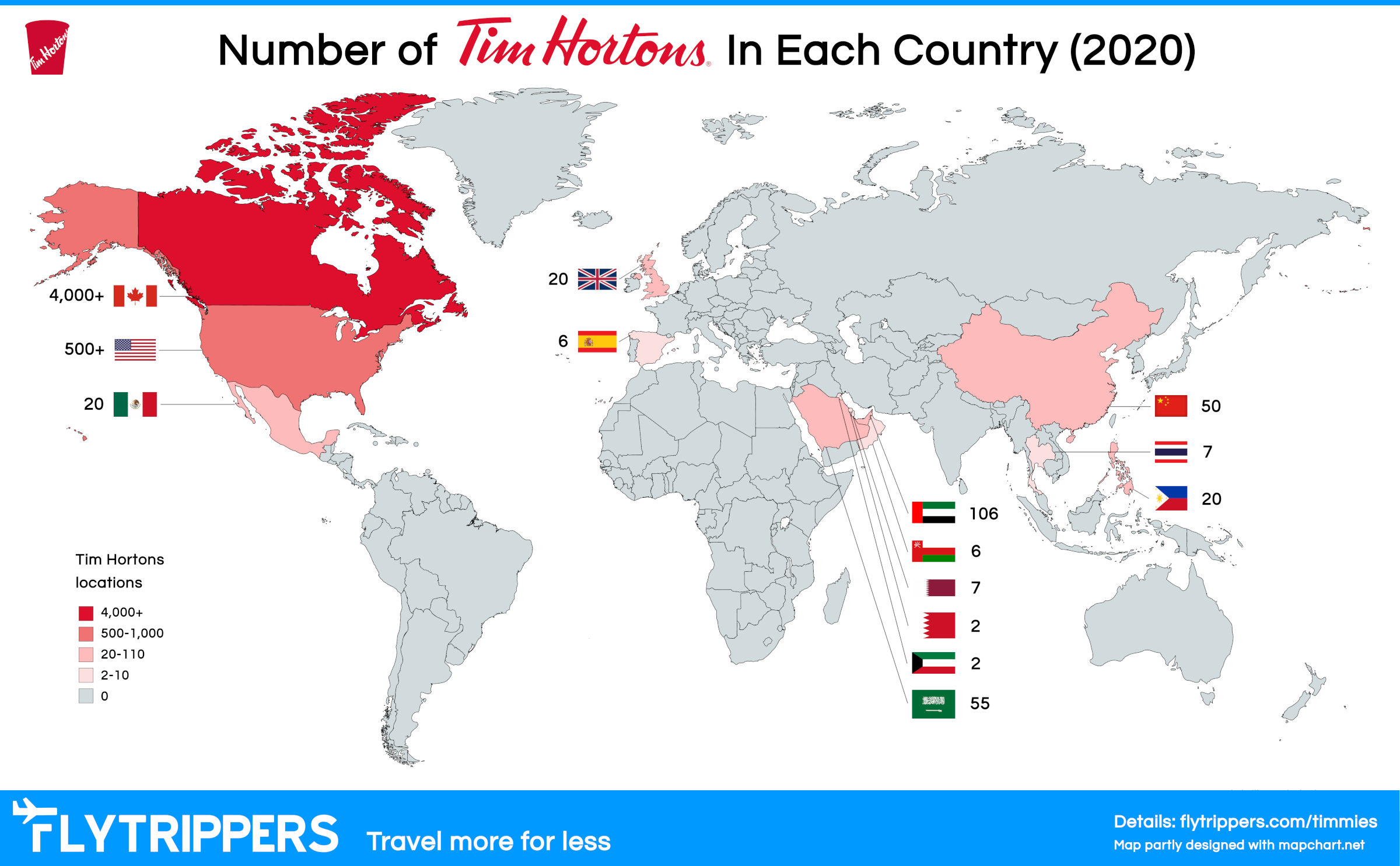 Tim Hortons Locations Map Map With The Number Of Tim Hortons By Country - Flytrippers