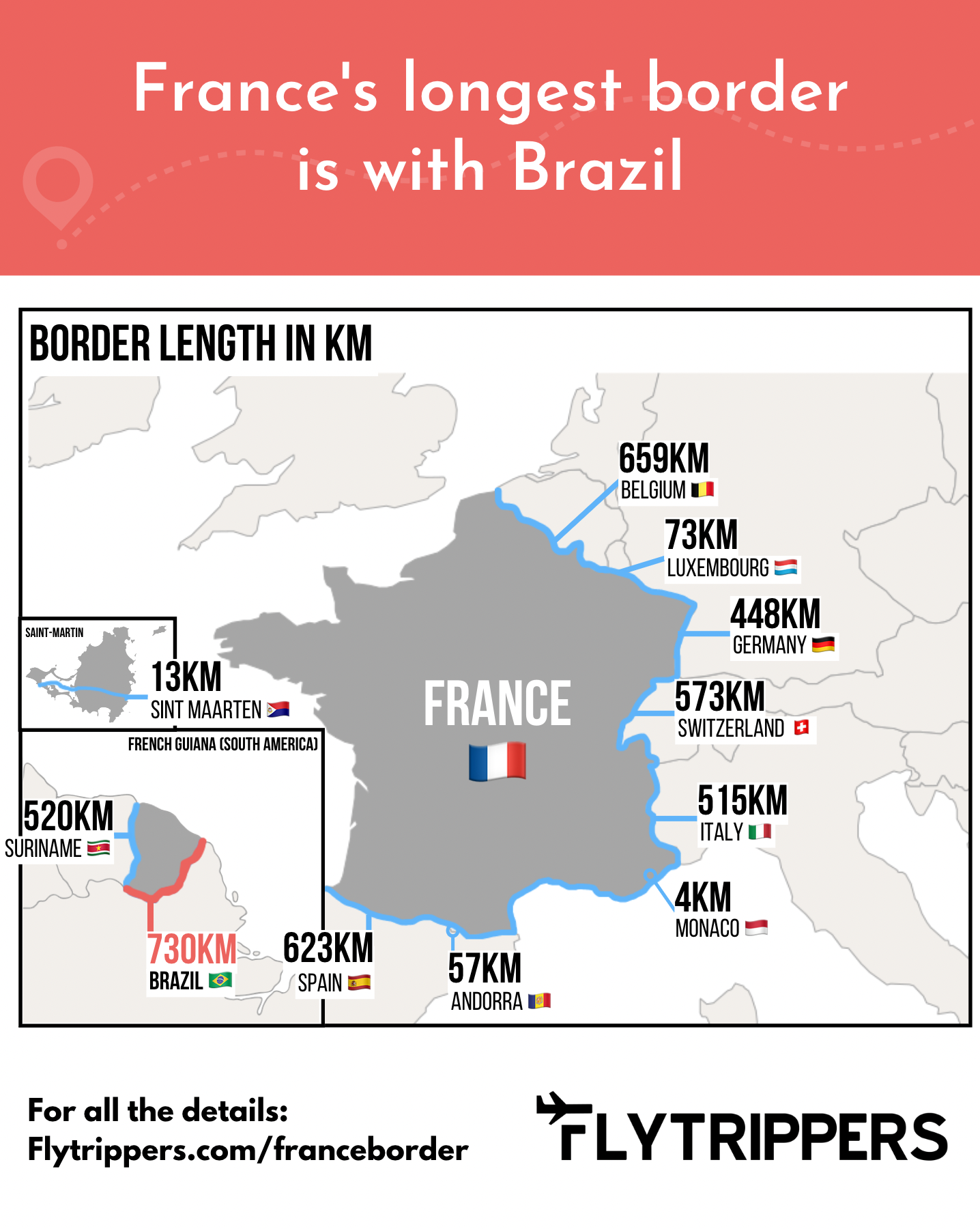 The longest land border of France is with Brazil : r/MapPorn