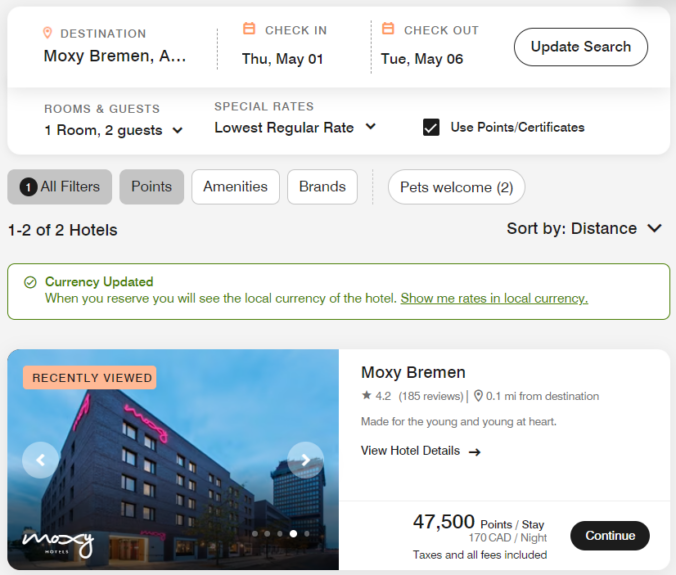 Price screenshot of the Moxy Bremen of a 5-night stay at 47,500 reward points on the Marriott website