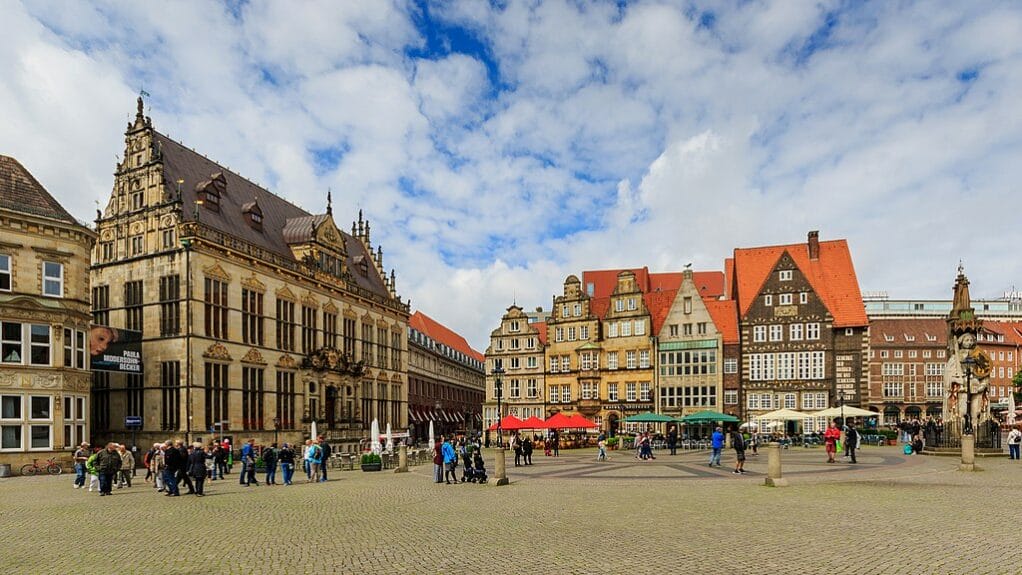 Typical German brown and orange-toned buildings in Bremen’s marketplace (Marktplatz)