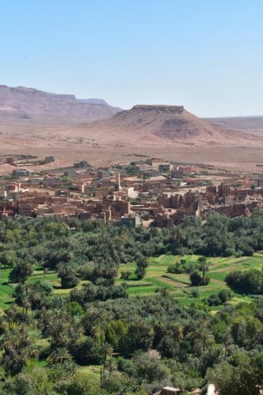 Tinghir city view from a hill with a large landscape with trees in front.