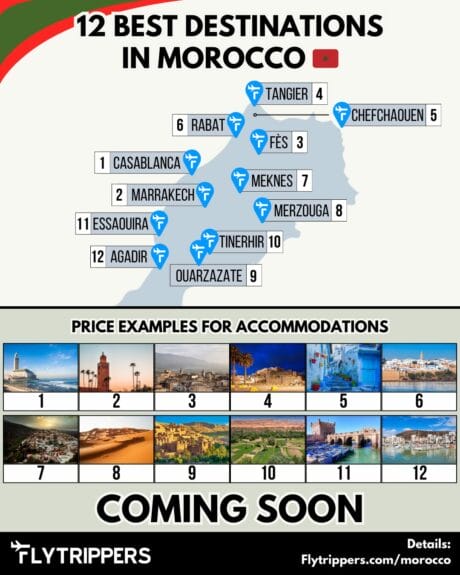 Map of Morocco showing the location and photos of the 12 best destinations and announcing the prices examples will come soon.