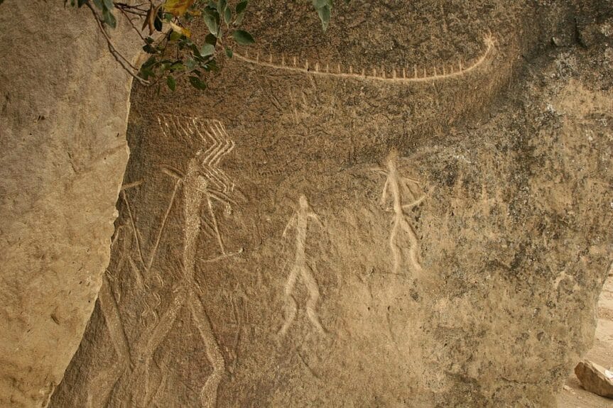 Petroglyphs on a rock in Gobustan, Azerbaijan.