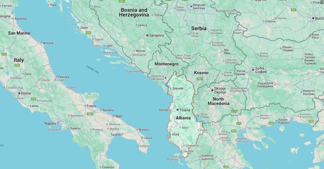 The location of Albania in Google Maps.