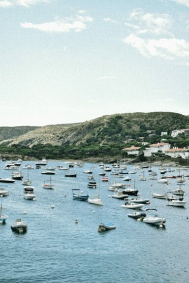 Many boats on the water in Cap de Creus with a mountain and orange-roofed and white-walled buildings at its base on a sunny day.