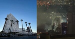 Split image with the tall white building of the Tropicana Las Vegas Hotel on a sunny day and while it was being demolished at night.