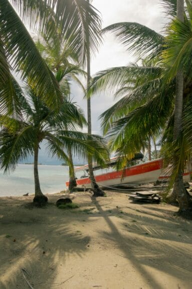 A red and white boat sitting on top of a beach next to palm trees in San Blas Islands, Panama.