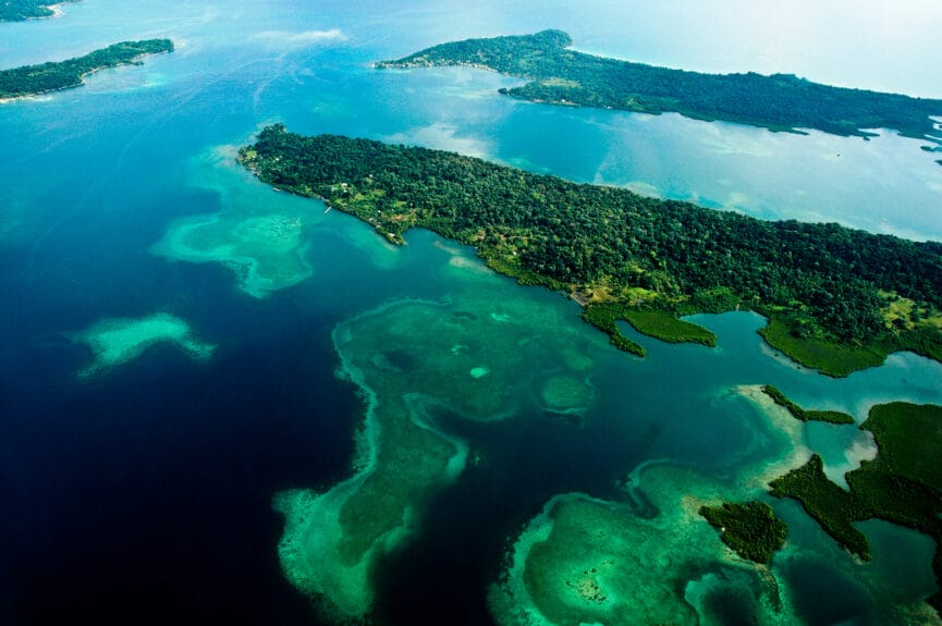 Aerial view of Isla Bastimentos with sea surrounding it in Panama.