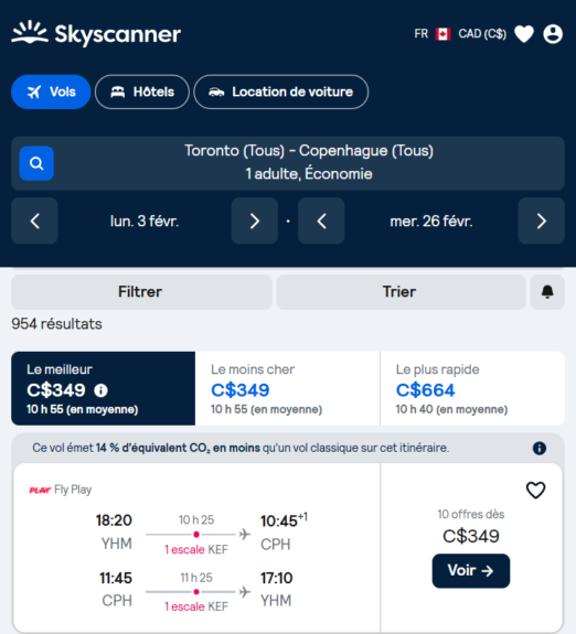 Capture d'écran du deal actuel de Toronto vers le Danemark pour 349$ sur Skyscanner avec le transporteur aérien PLAY.