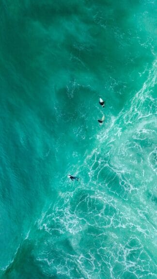 Aerial view of the surfers in Zarautz, Spain.