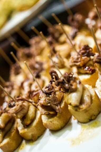 A close-up of a plate with pintxos in San Sebastian, Spain.