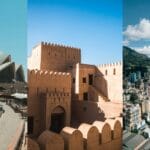 A three-panel collage showing the Sydney Opera House in Australia, a traditional fort in Oman, and the skyline of Bogotá, Colombia.