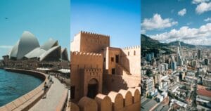 A three-panel collage showing the Sydney Opera House in Australia, a traditional fort in Oman, and the skyline of Bogotá, Colombia.