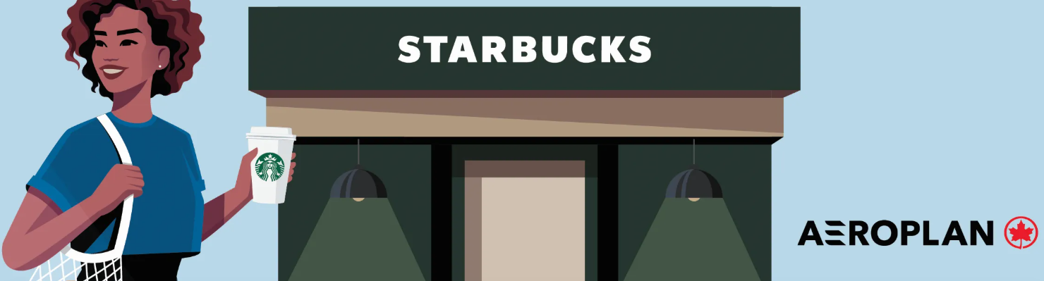 Illustration of a customer holding coffee in front of Starbucks, with Starbucks and Aeroplan logos, announcing a partnership.