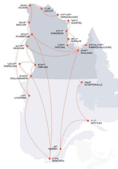 Carte du réseau Air Inuit reliant Montréal, Québec, Sept-Îles, Schefferville et les communautés du Nunavik.