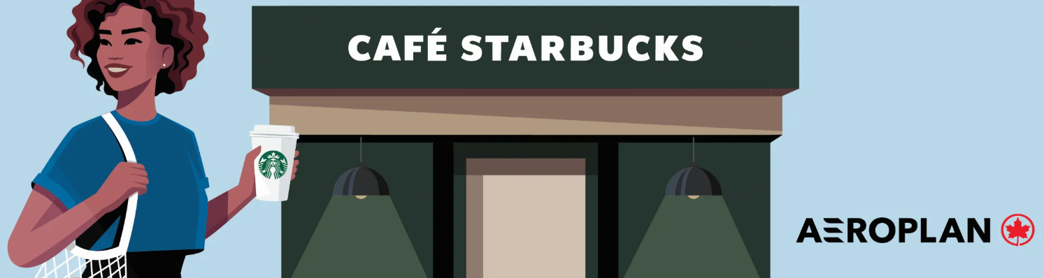 Illustration d’une cliente tenant un café devant un Starbucks, avec les logos Starbucks et Aeroplan, annonçant un partenariat.