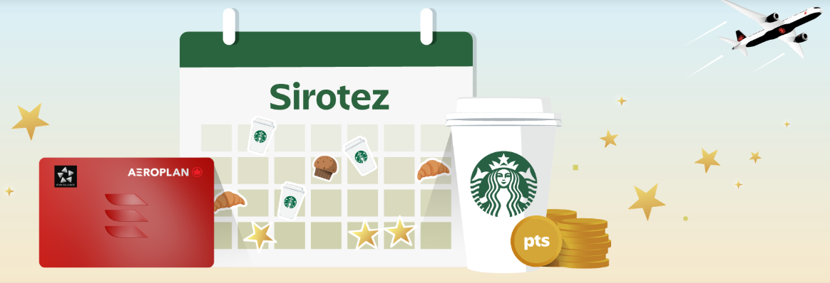 Illustration du concours Sip-tember Starbucks et Aeroplan, avec calendrier, carte Aeroplan, café Starbucks et accumulation de points.
