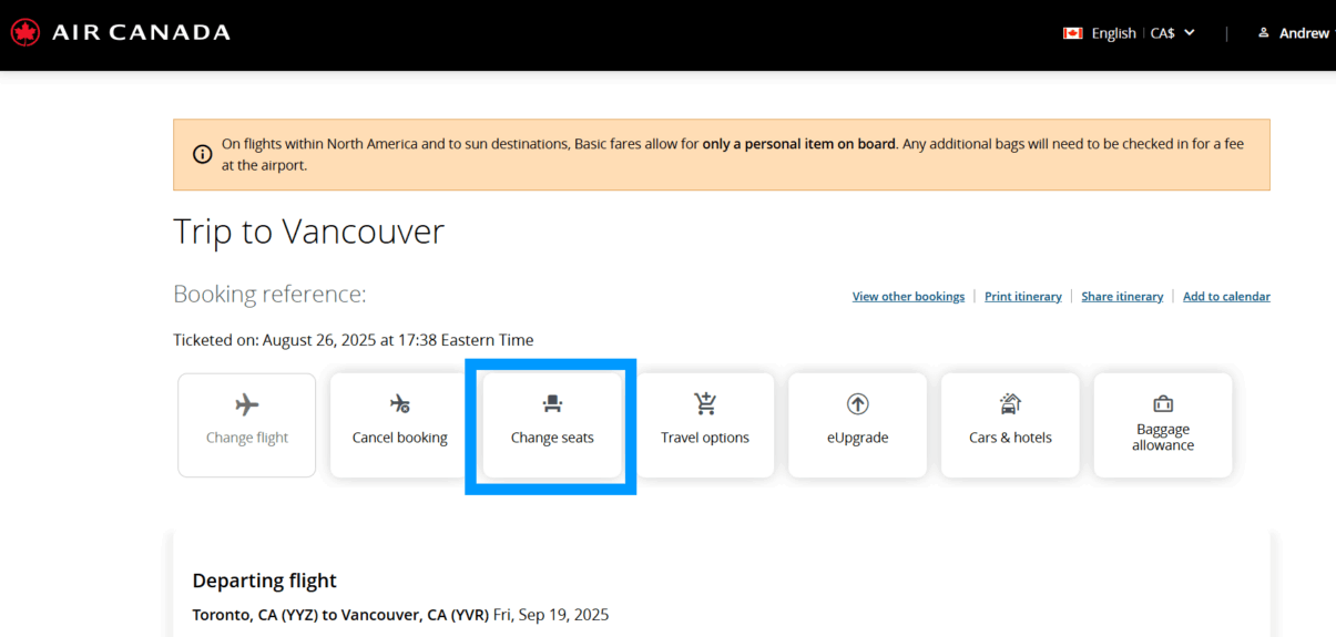 Flight booking management page on the Air Canada website