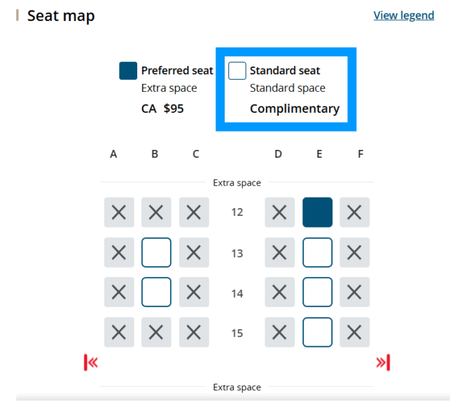 Price to choose your seat for a flight on the Air Canada website