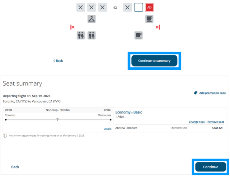 Confirmation of seat choice for a flight on the Air Canada website