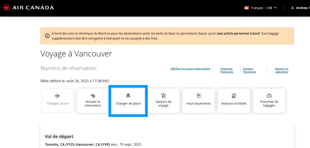 Page de la gestion d’une réservation de vol sur le site d’Air Canada