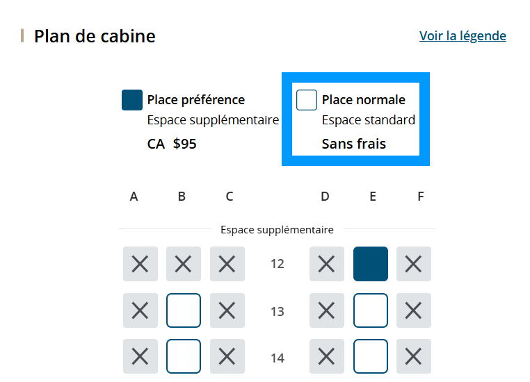 Prix pour choisir son siège pour un vol sur le site d’Air Canada