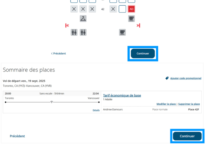 Confirmation du choix de siège pour un vol sur le site d’Air Canada