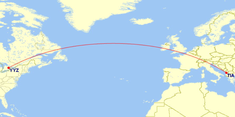 Map of a long-haul flight connecting Toronto, Canada, to Tirana, Albania.
