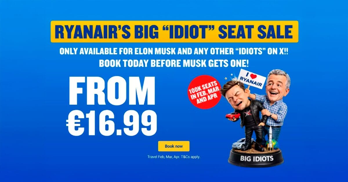 You are currently viewing Vente Ryanair: Solde «Big Idiot Seat Sale» avec vols à 17€ (pour se moquer d’Elon Musk)