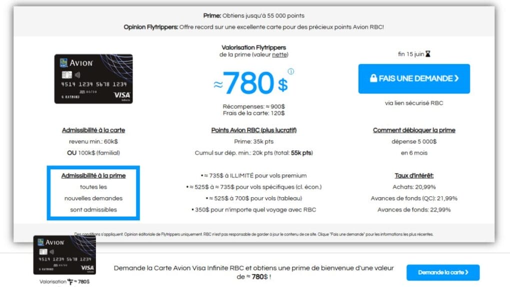 Exemple de la section relative à l'admissibilité à la prime de bienvenue de la carte Avion Visa Infinite RBC sur le site de bureau de Flytrippers.