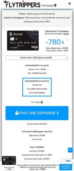 Exemple de la section sur l'admissibilité à la prime de bienvenue de la Carte Avion Visa Infinite RBC sur le site Web mobile de Flytrippers.