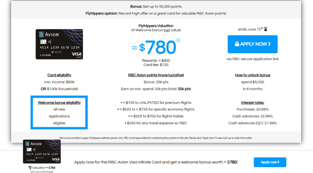 Example of Welcome bonus eligibility section of RBC Avion Visa Infinite Card on Flytrippers Desktop Website.